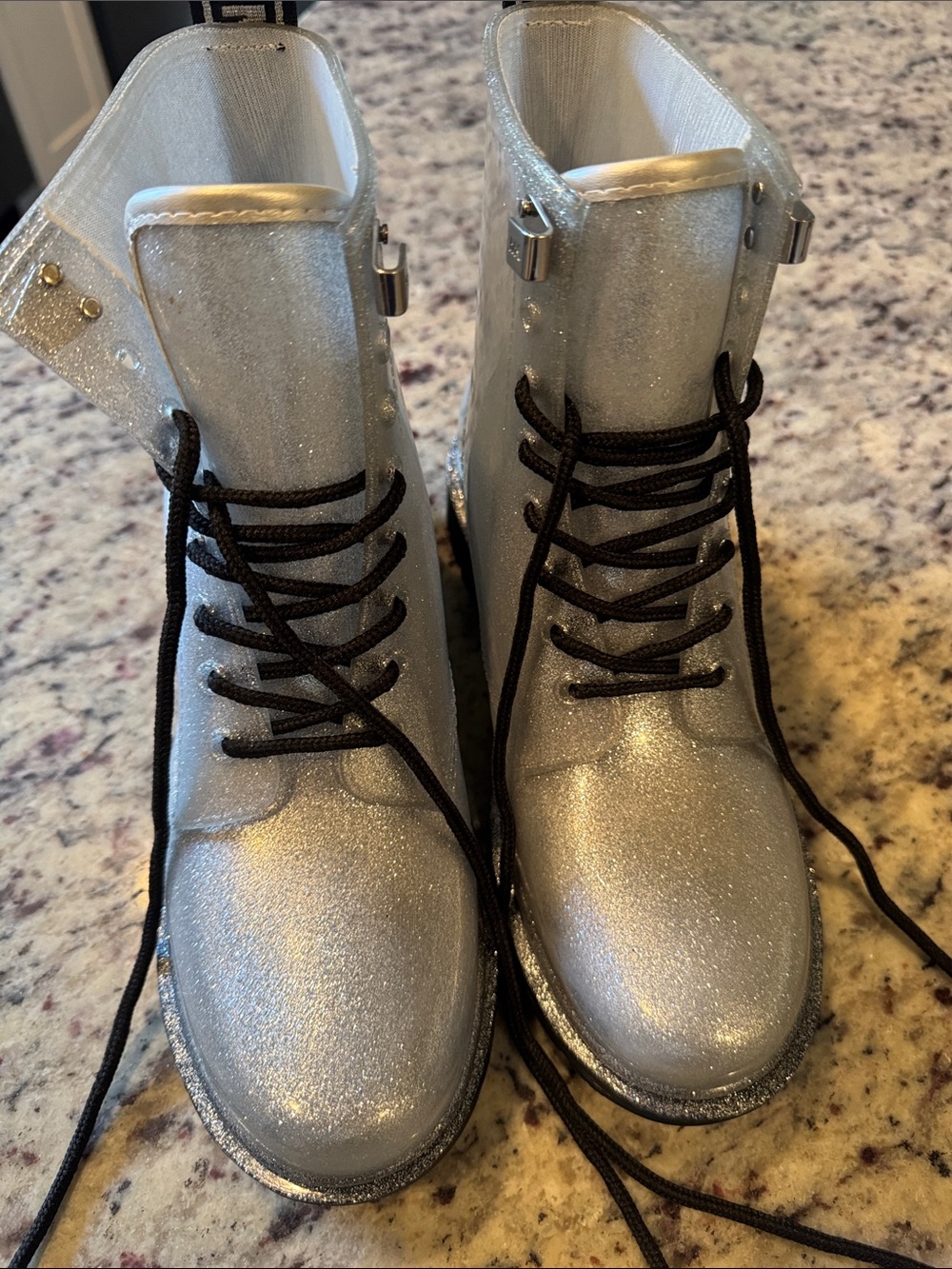 Michael Kors Silver Glitter Lace-Up Combat Boots with Black Laces